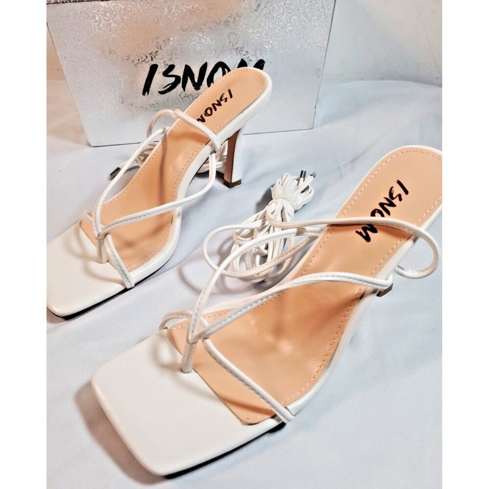 ISNOM White Women Heeled Sandals with Lace Up Strappy Ankle Size US 8 EU 38 - Picture 2 of 11